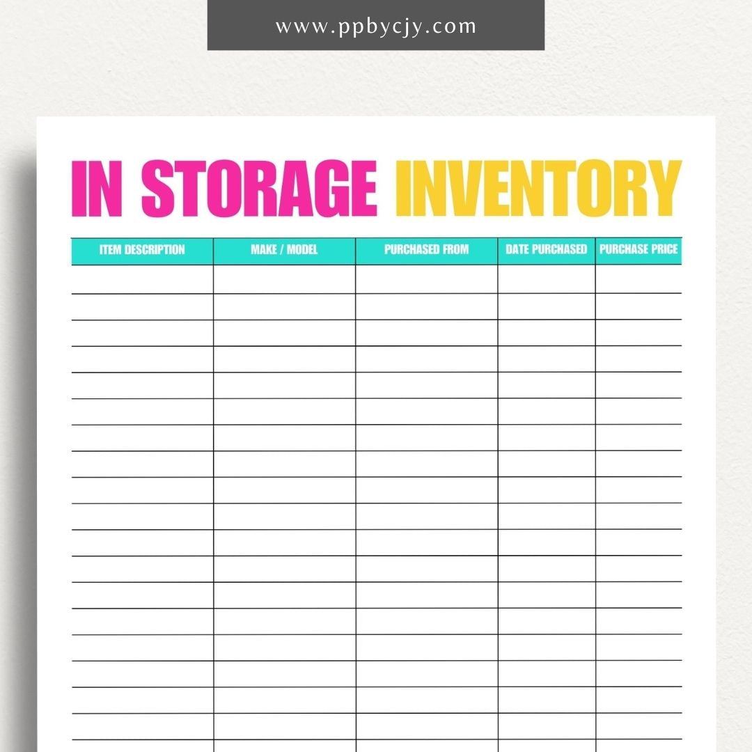 In Storage Inventory Printable Template – Digital download for cataloging and managing items stored in various locations.