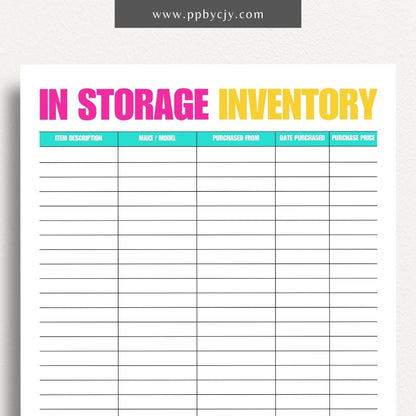 In Storage Inventory Printable Template – Digital download for cataloging and managing items stored in various locations.