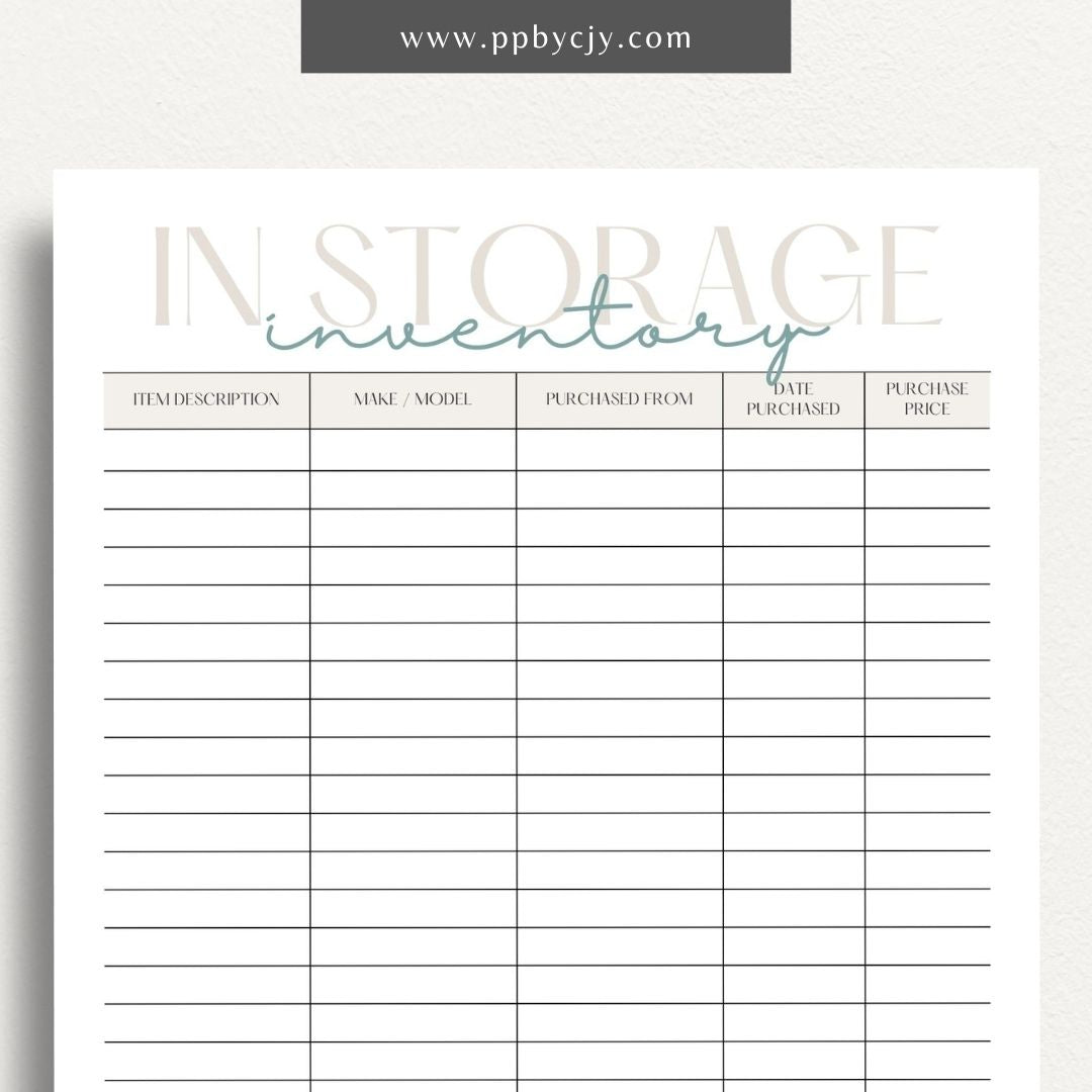 In Storage Inventory Printable Template – Digital download for cataloging and managing items stored in various locations.