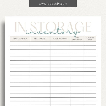 In Storage Inventory Printable Template – Digital download for cataloging and managing items stored in various locations.