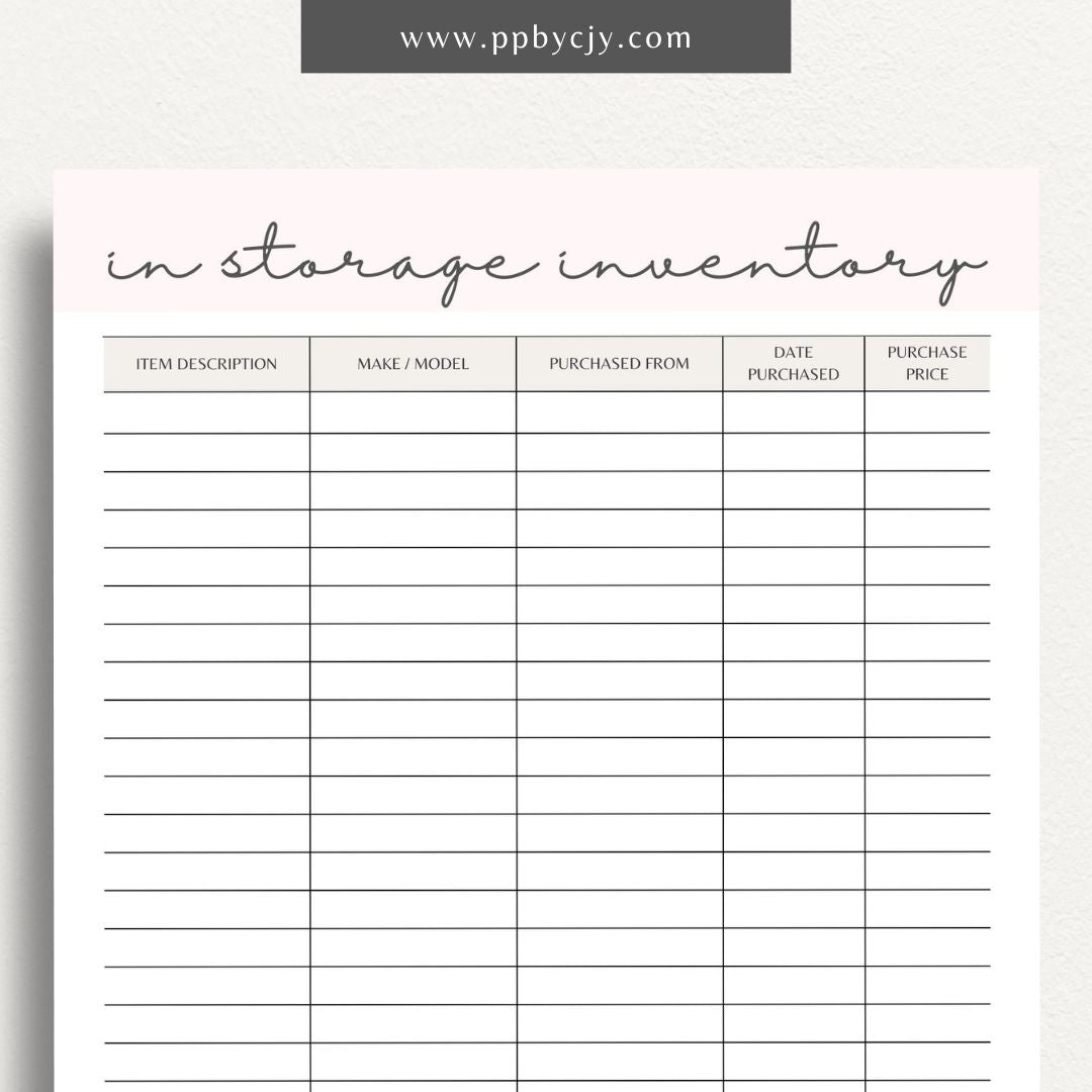 In Storage Inventory Printable Template – Digital download for cataloging and managing items stored in various locations.