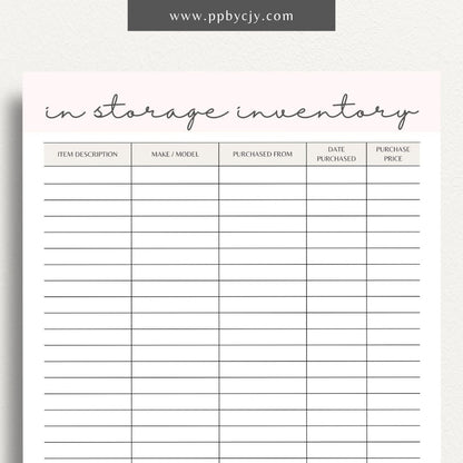 In Storage Inventory Printable Template – Digital download for cataloging and managing items stored in various locations.