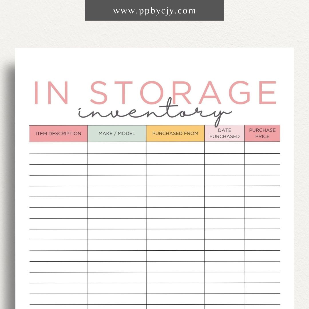 In Storage Inventory Printable Template – Digital download for cataloging and managing items stored in various locations.