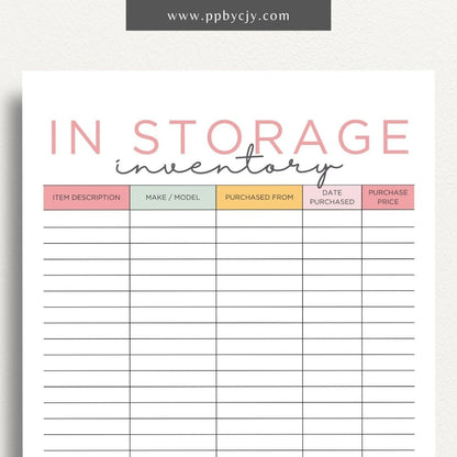 In Storage Inventory Printable Template – Digital download for cataloging and managing items stored in various locations.