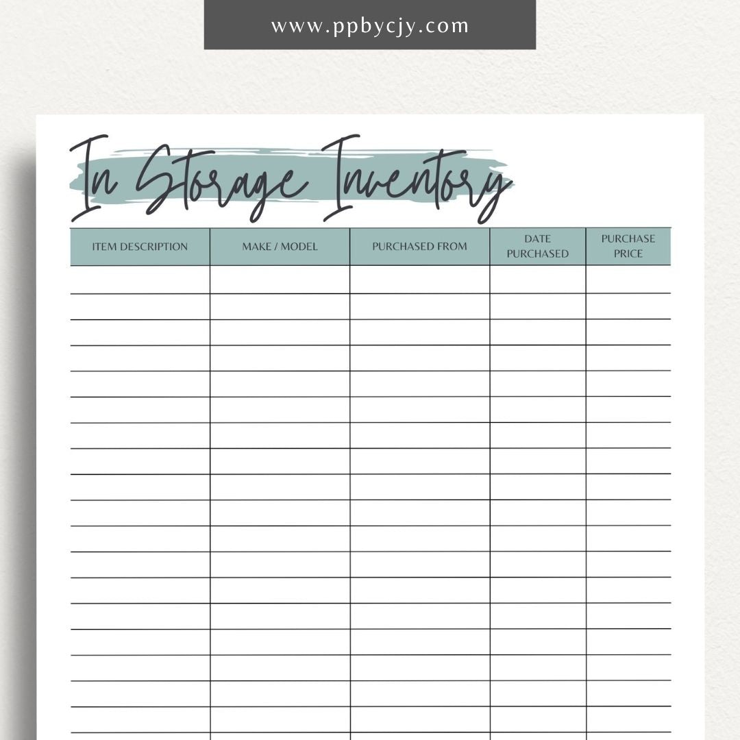 In Storage Inventory Printable Template – Digital download for cataloging and managing items stored in various locations.