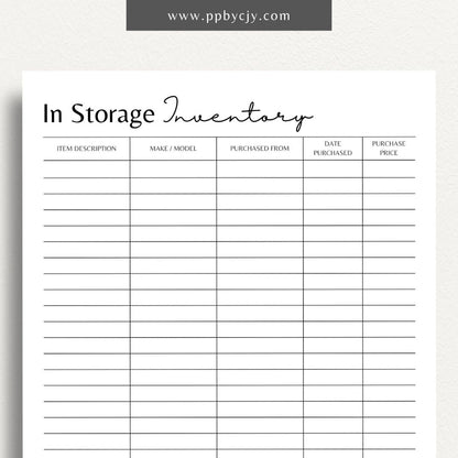 In Storage Inventory Printable Template – Digital download for cataloging and managing items stored in various locations.