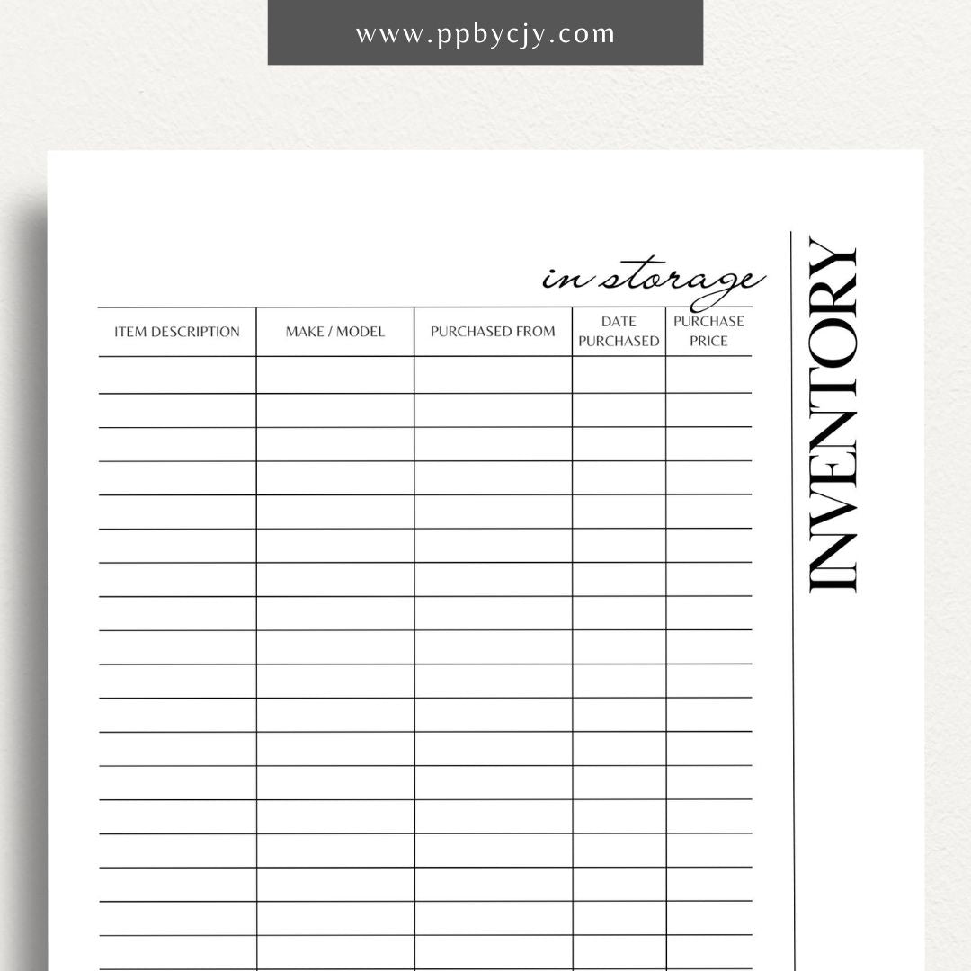 In Storage Inventory Printable Template – Digital download for cataloging and managing items stored in various locations.