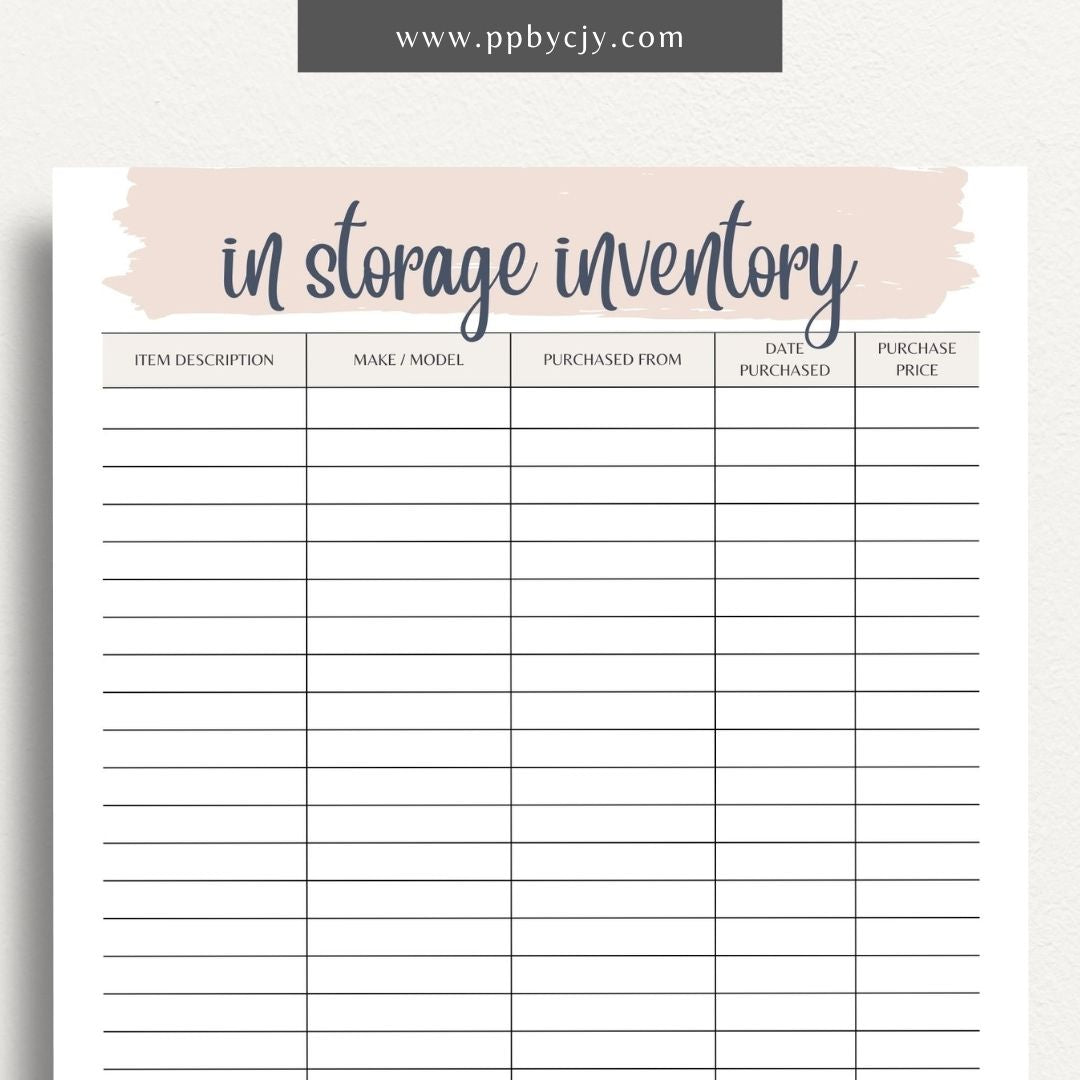 In Storage Inventory Printable Template – Digital download for cataloging and managing items stored in various locations.