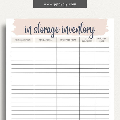 In Storage Inventory Printable Template – Digital download for cataloging and managing items stored in various locations.