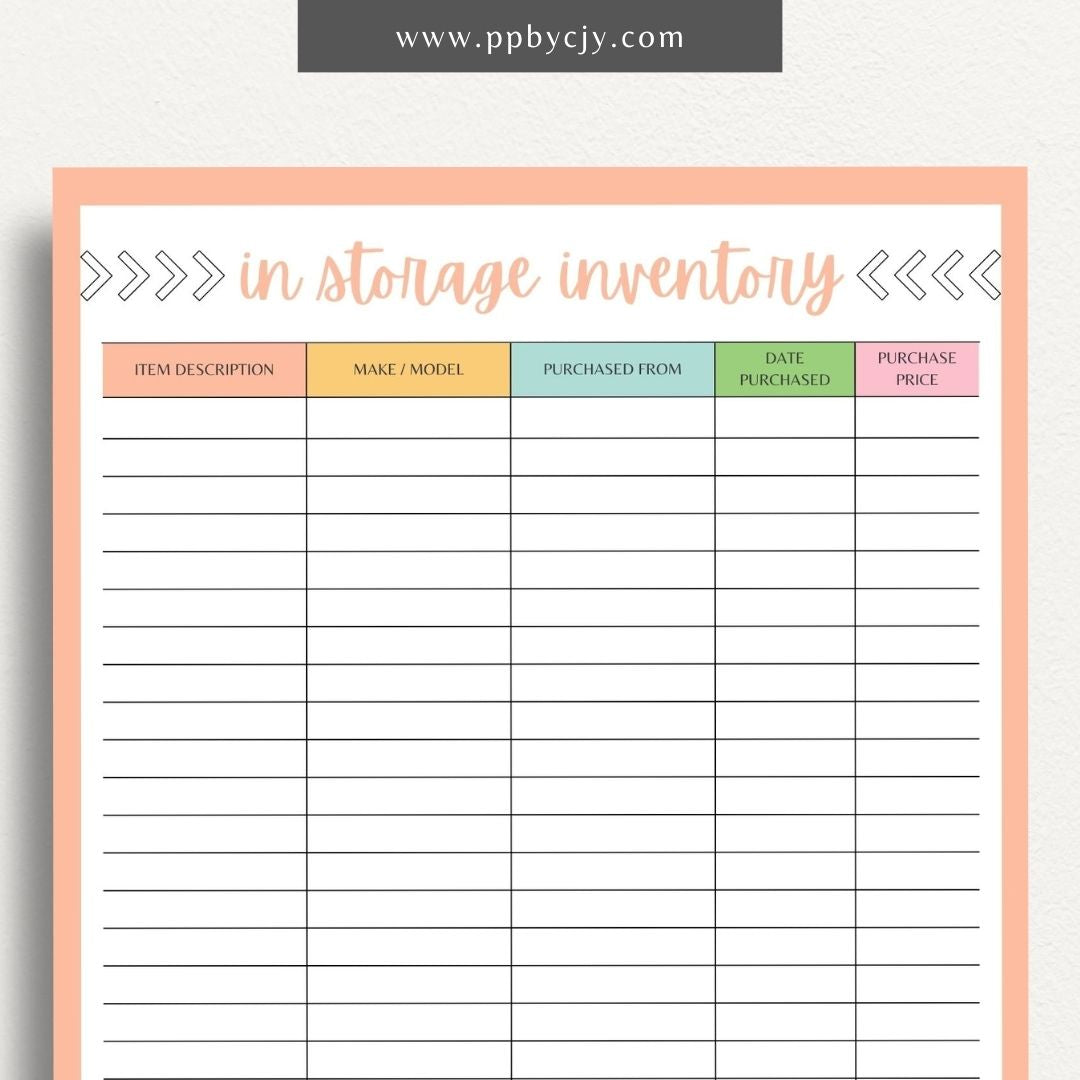 In Storage Inventory Printable Template – Digital download for cataloging and managing items stored in various locations.