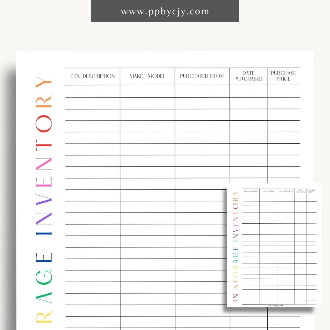 In Storage Inventory Printable Template – Digital download for cataloging and managing items stored in various locations.