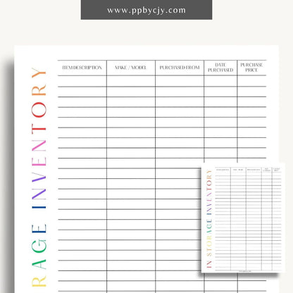 In Storage Inventory Printable Template – Digital download for cataloging and managing items stored in various locations.