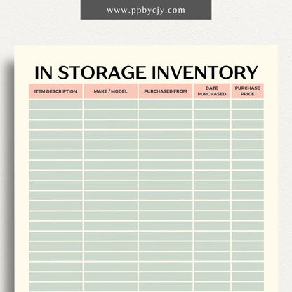 In Storage Inventory Printable Template – Digital download for cataloging and managing items stored in various locations.