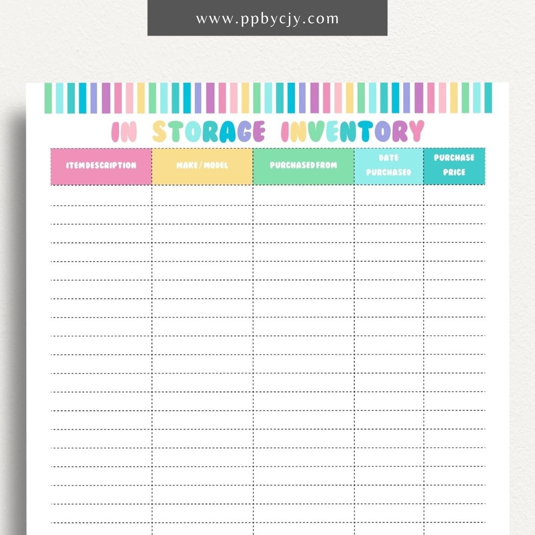 In Storage Inventory Printable Template – Digital download for cataloging and managing items stored in various locations.