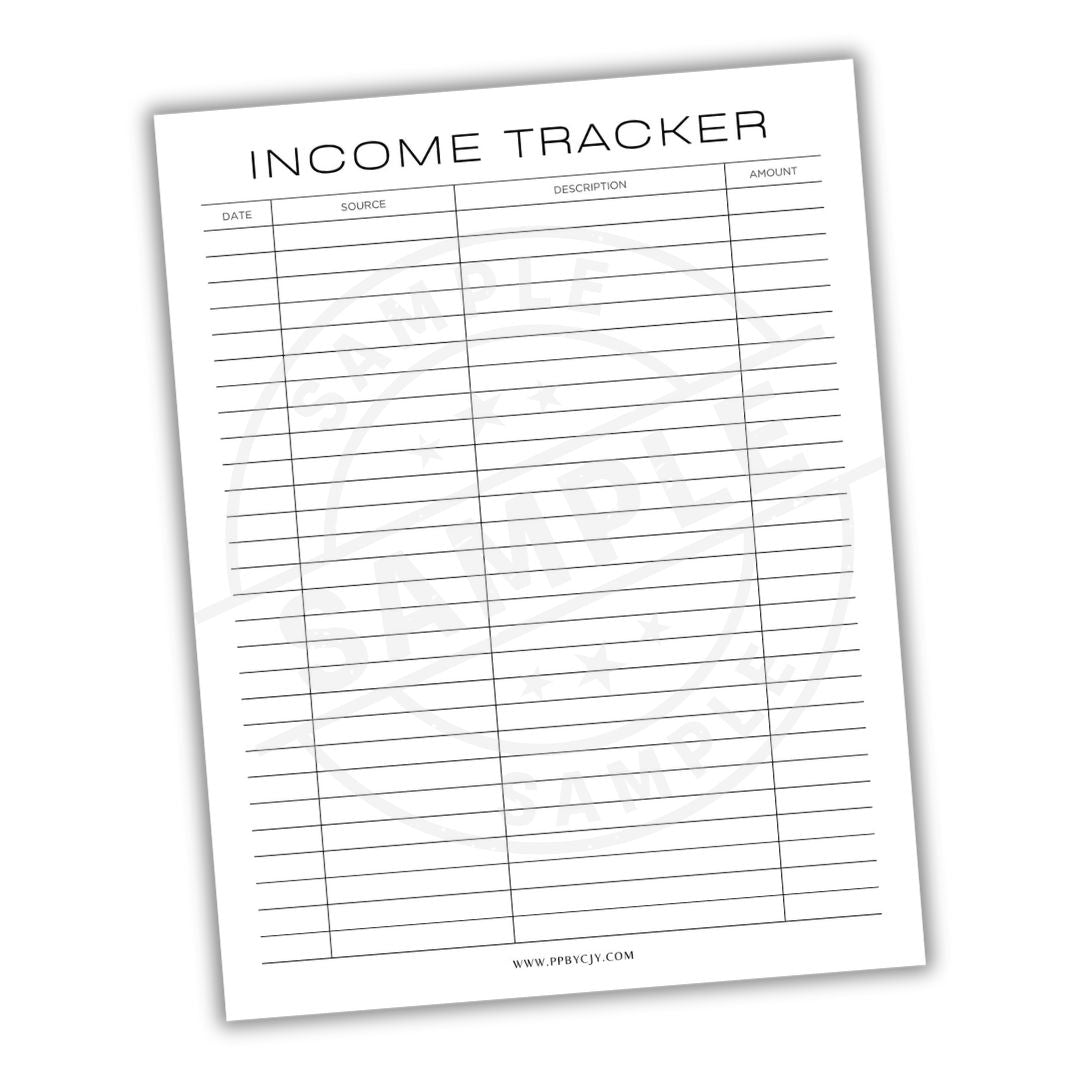 Income tracker sheet with columns for dates, sources, descriptions, and amounts on a white background.