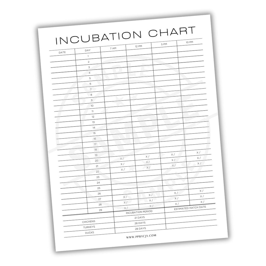Incubation chart for monitoring poultry incubation on a white background