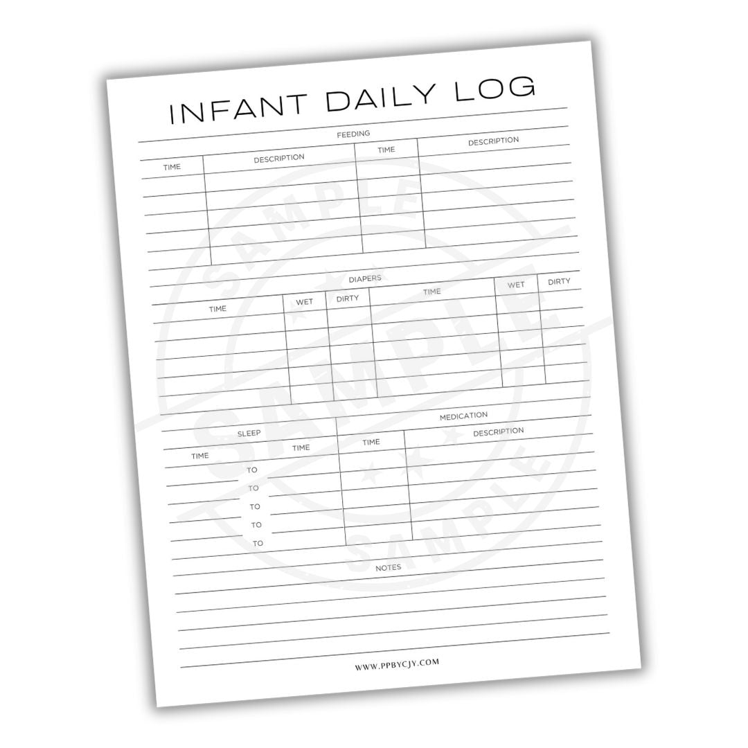 Infant daily log sheet with columns for feeding, diaper changes, sleep, and medication on a white background.