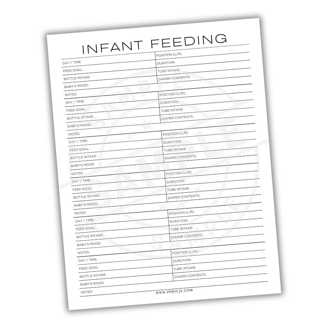 Sheet of paper titled 'Infant Feeding' with columns for recording feeding details.