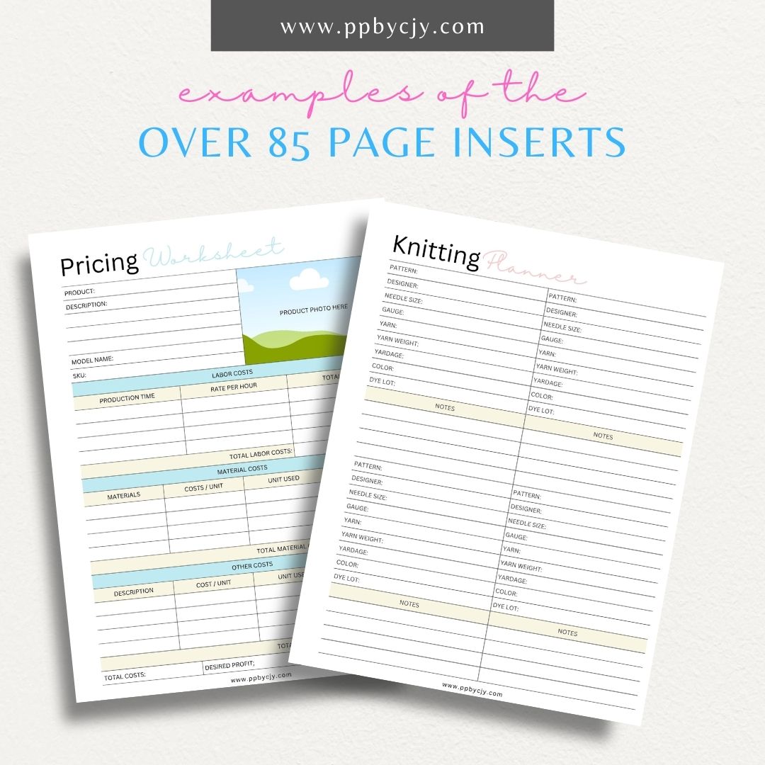 Knitting Business Planner Printable Template – Digital download for organizing and managing various aspects of your knitting business, including projects, inventory, and customer orders.