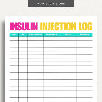 printable template page with columns and rows related to insulin injection tracking