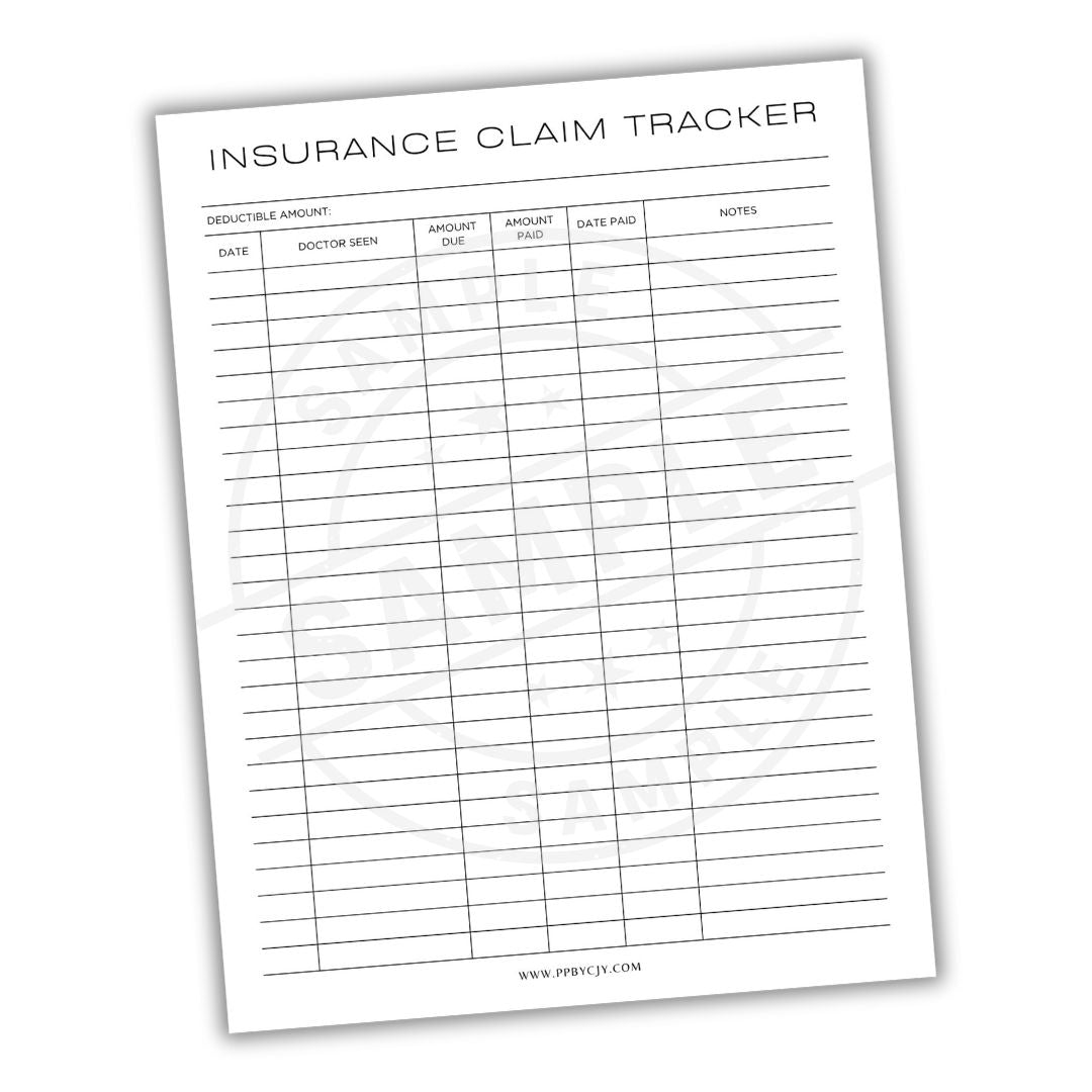 Insurance claim tracker sheet on a white background