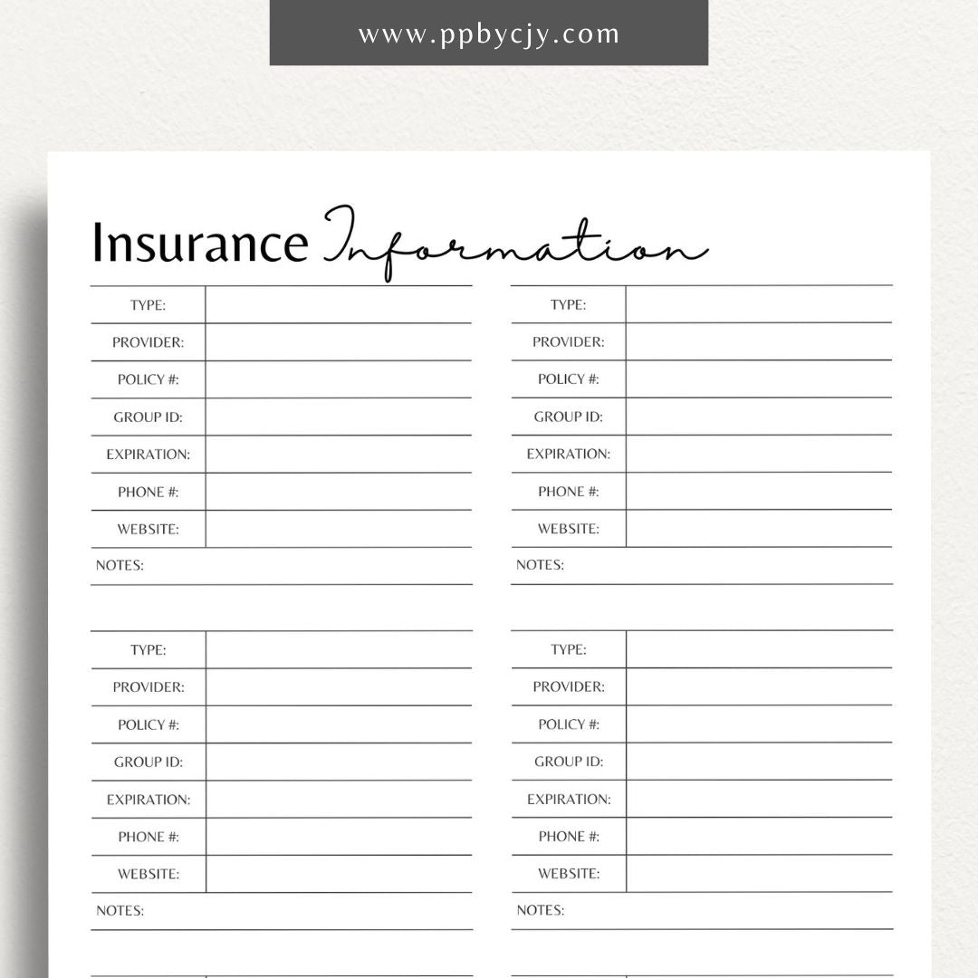 printable template page with columns and rows related to insurance tracking