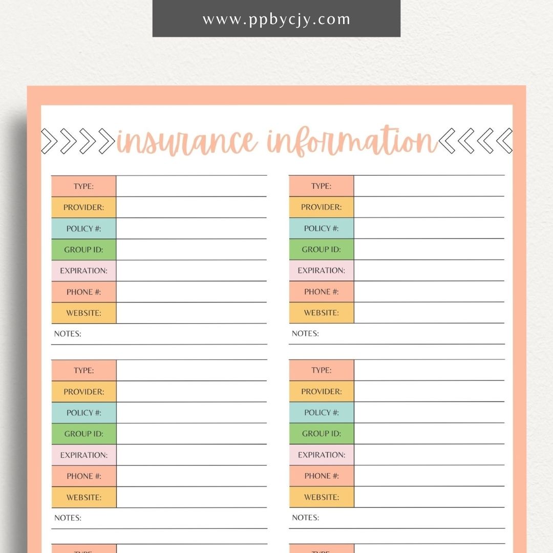 printable template page with columns and rows related to insurance tracking