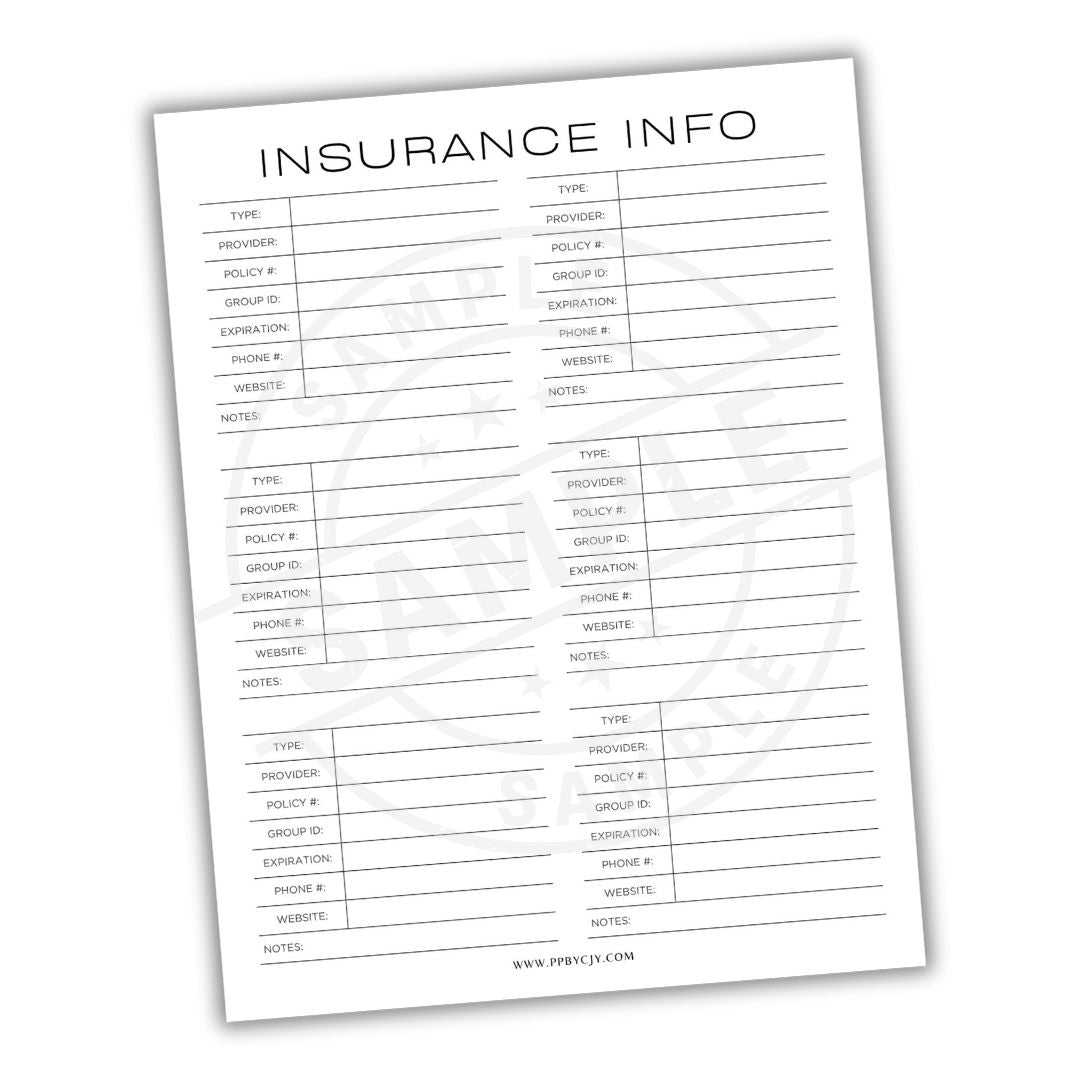 Insurance information sheet with columns for type, provider, policy number, expiration date, phone number, and website.