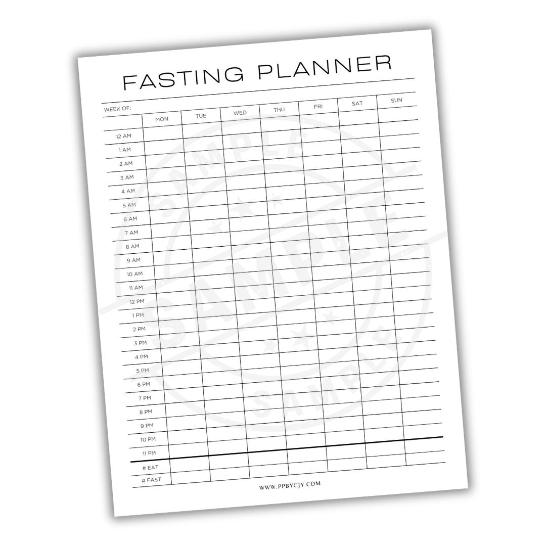 Fasting planner sheet with time slots for fasting on a white background