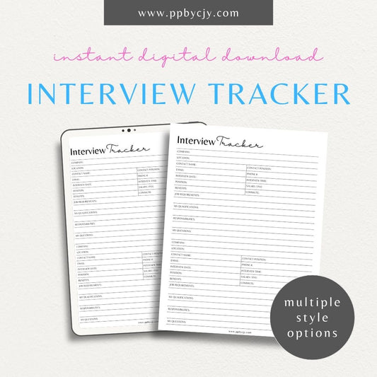 Job Interview Tracker Printable Template – Digital download for managing and recording details of job interviews, including dates, companies, and follow-up actions.