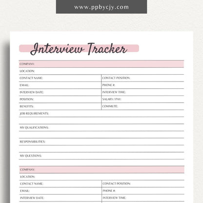 Job Search Interview Tracker Printable PDF Template