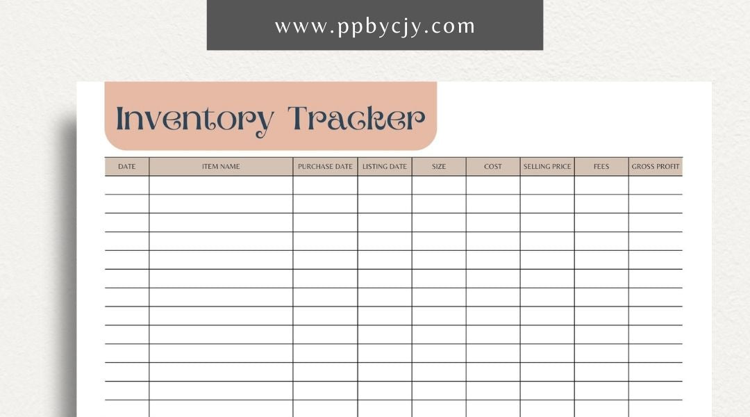 Inventory Tracker Printable Template – Digital download for managing and monitoring stock levels, item details, and inventory movements.