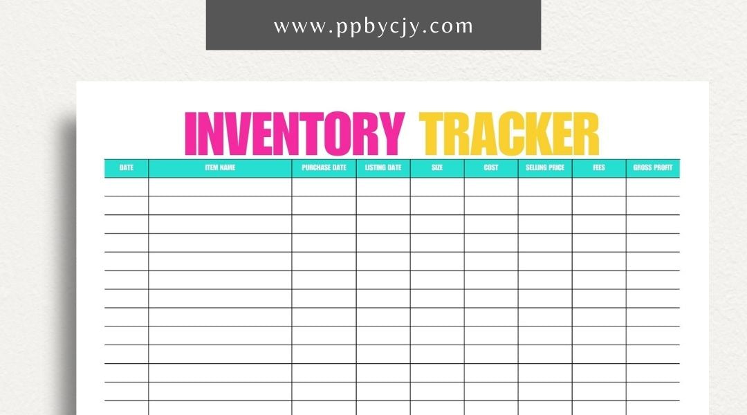 Inventory Tracker Printable Template – Digital download for managing and monitoring stock levels, item details, and inventory movements.