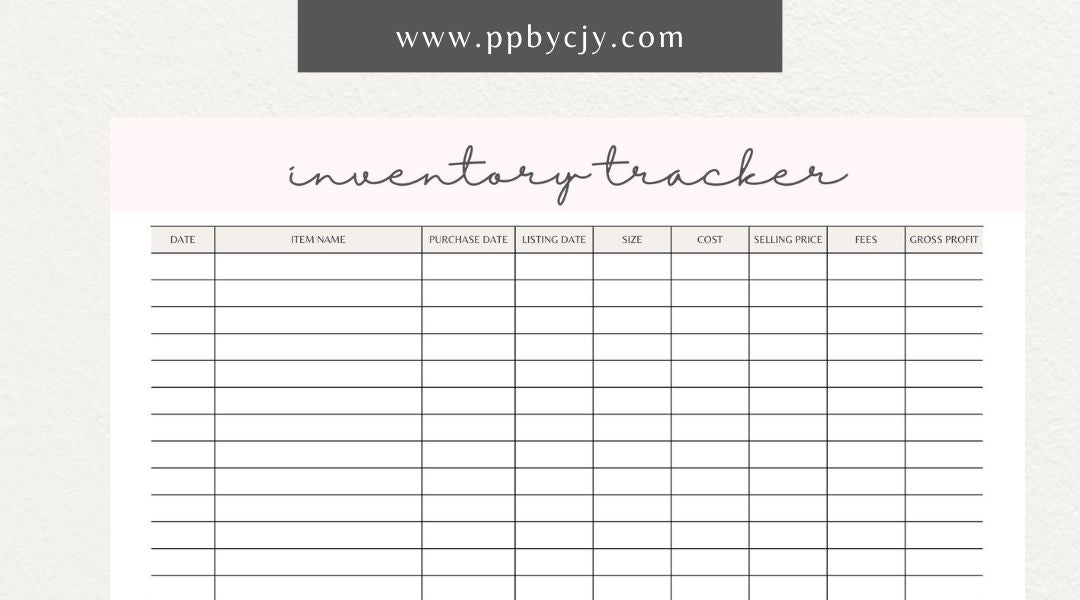 Inventory Tracker Printable Template – Digital download for managing and monitoring stock levels, item details, and inventory movements.