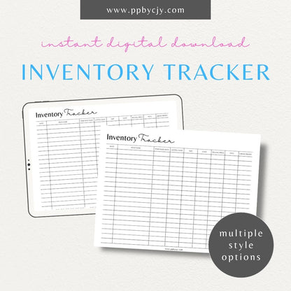 Inventory Tracker Printable Template – Digital download for managing and monitoring stock levels, item details, and inventory movements.