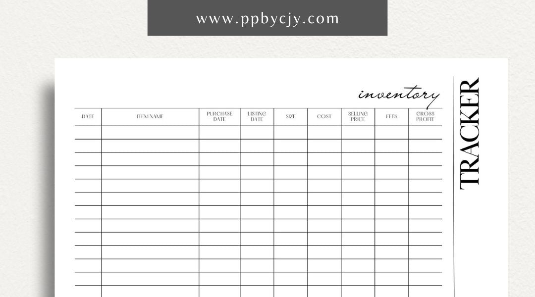 Inventory Tracker Printable Template – Digital download for managing and monitoring stock levels, item details, and inventory movements.