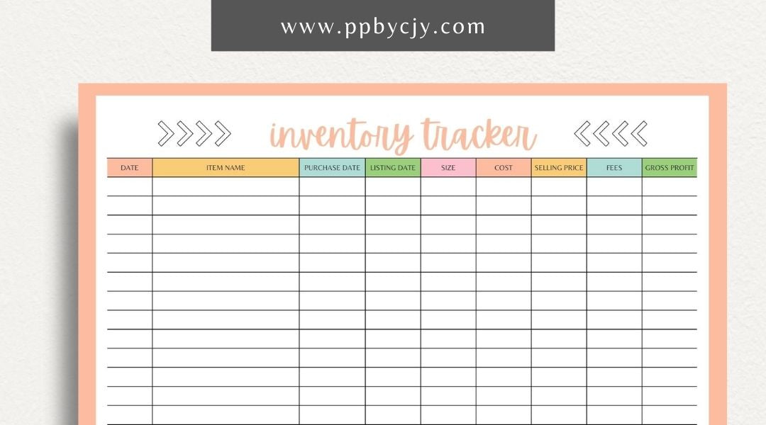 Inventory Tracker Printable Template – Digital download for managing and monitoring stock levels, item details, and inventory movements.