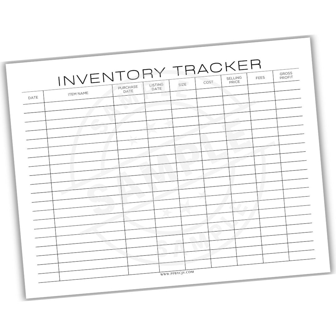 Inventory tracker sheet with columns for date, item name, purchase date, size, cost, selling price, fees, and profit.