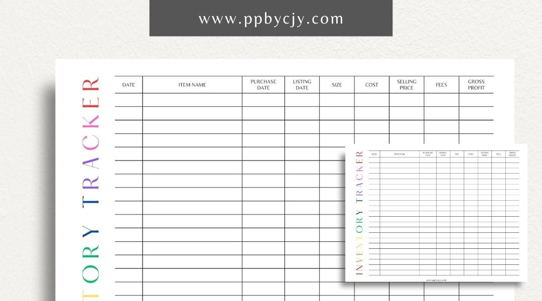 Inventory Tracker Printable Template – Digital download for managing and monitoring stock levels, item details, and inventory movements.