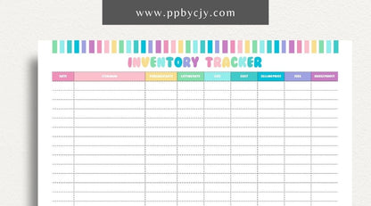 Inventory Tracker Printable Template – Digital download for managing and monitoring stock levels, item details, and inventory movements.