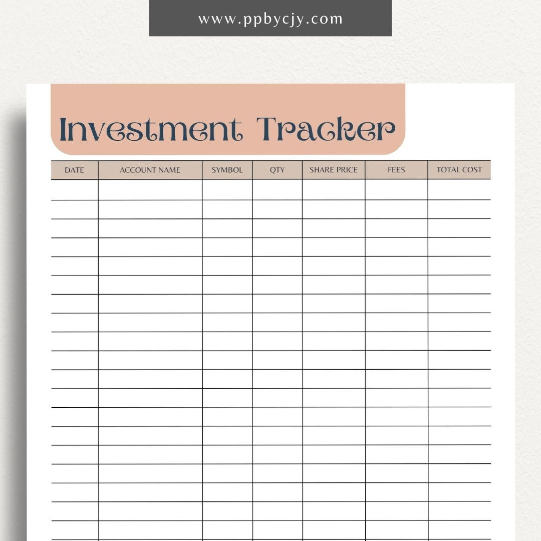 Investment Tracker Printable Template – Digital download for recording and monitoring investment performance, transactions, and portfolio details.