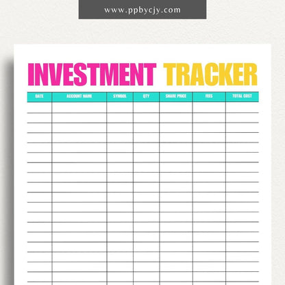 Investment Tracker Printable Template – Digital download for recording and monitoring investment performance, transactions, and portfolio details.