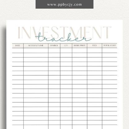 Investment Tracker Printable Template – Digital download for recording and monitoring investment performance, transactions, and portfolio details.