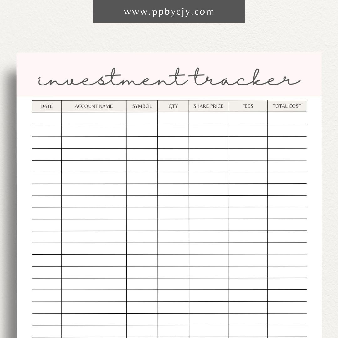 Investment Tracker Printable Template – Digital download for recording and monitoring investment performance, transactions, and portfolio details.