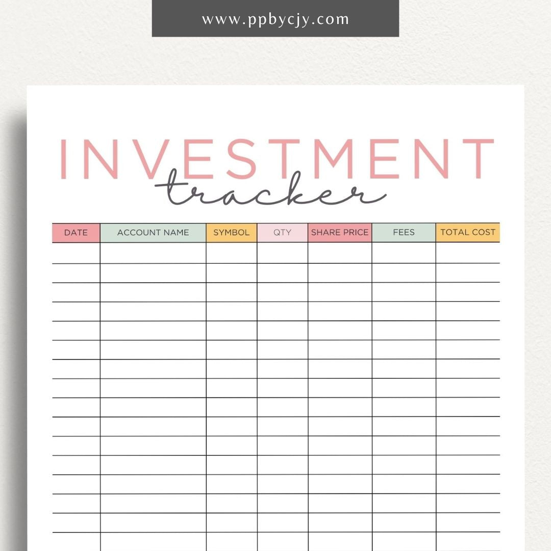 Investment Tracker Printable Template – Digital download for recording and monitoring investment performance, transactions, and portfolio details.