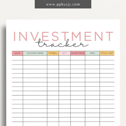 Investment Tracker Printable Template – Digital download for recording and monitoring investment performance, transactions, and portfolio details.