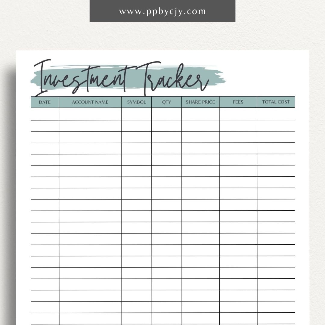 Investment Tracker Printable Template – Digital download for recording and monitoring investment performance, transactions, and portfolio details.