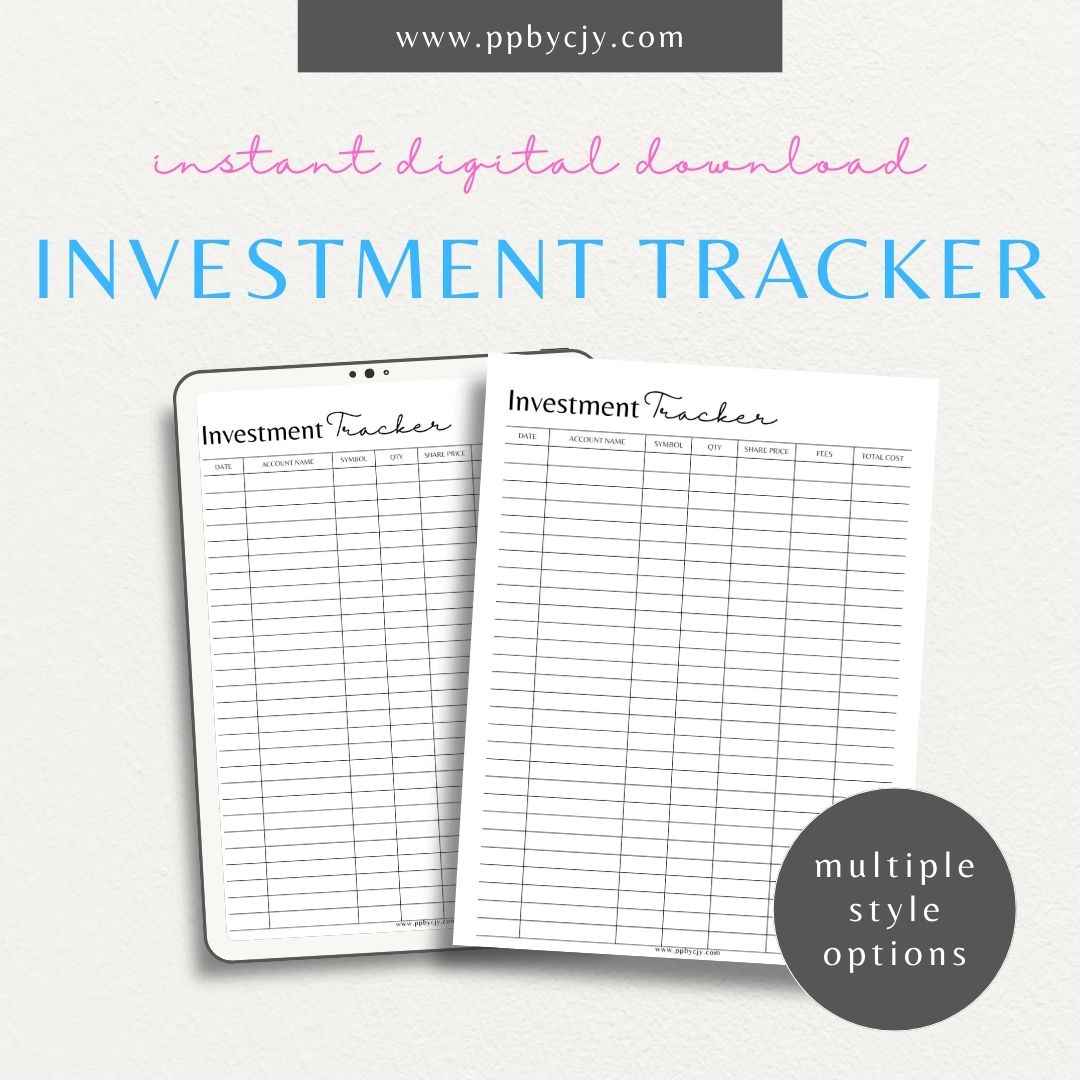 Investment Tracker Printable Template – Digital download for recording and monitoring investment performance, transactions, and portfolio details.