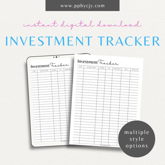 Investment Tracker Printable Template – Digital download for recording and monitoring investment performance, transactions, and portfolio details.