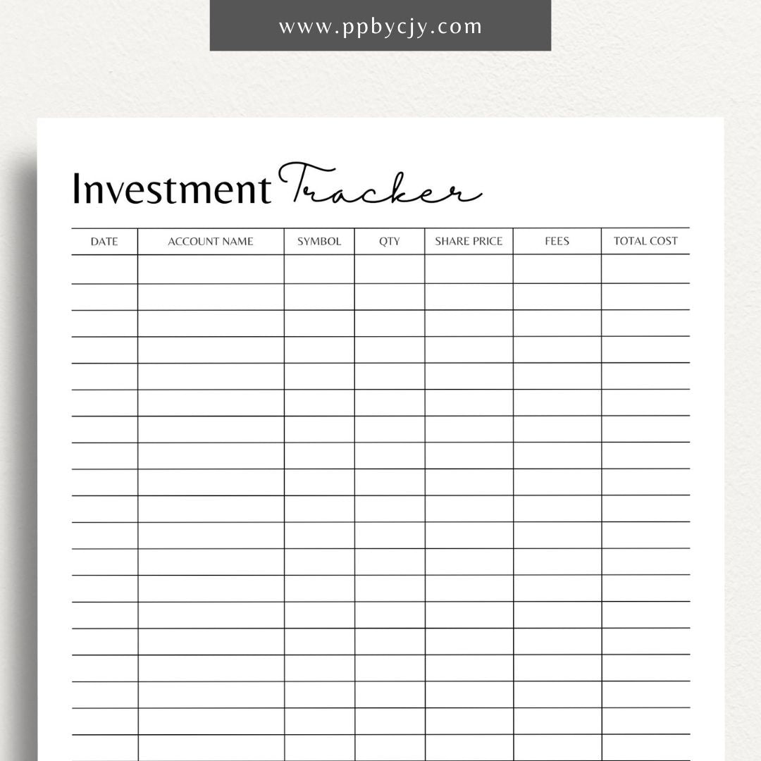 Investment Tracker Printable Template – Digital download for recording and monitoring investment performance, transactions, and portfolio details.